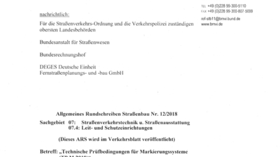 Rundschreiben BMVI Nr. 12/2018 - Technische Prüfbedingungen für Markierungssysteme