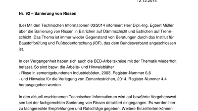 Technische Information BEB: Sanierung von Rissen in Estrichen auf Dämmschichten und Estrichen auf Trennschicht